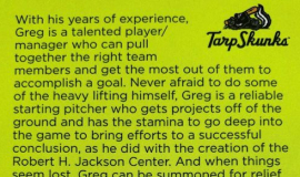 Back of Greg Peterson's Tarp Skunks baseball card.