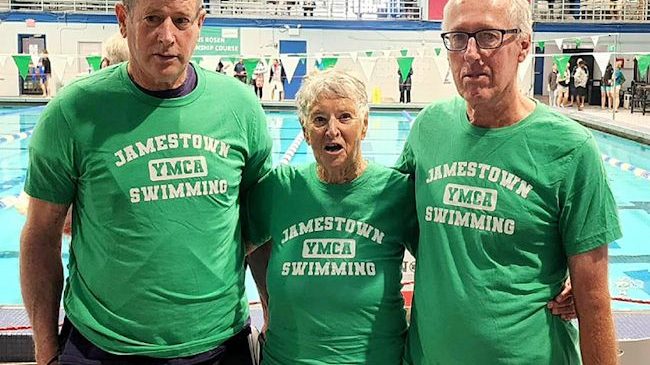 Jim, Judy and Dave Young are on the pool deck at the YMCA Masters Nationals.